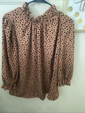 Brown Black Polka Dot Ruffle Neck Blouse